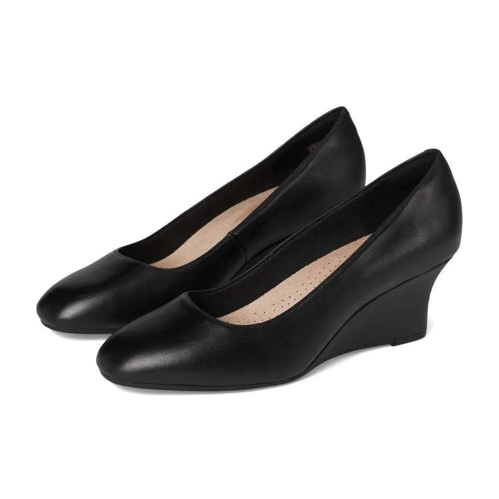 NWT CLARKS Womens Olivette‎ Pearl Black Leather Dress Shoes 11 Slip On Wedge NEW
